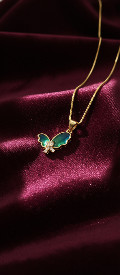 NuGold Green Stone Butterfly Pendant For Women