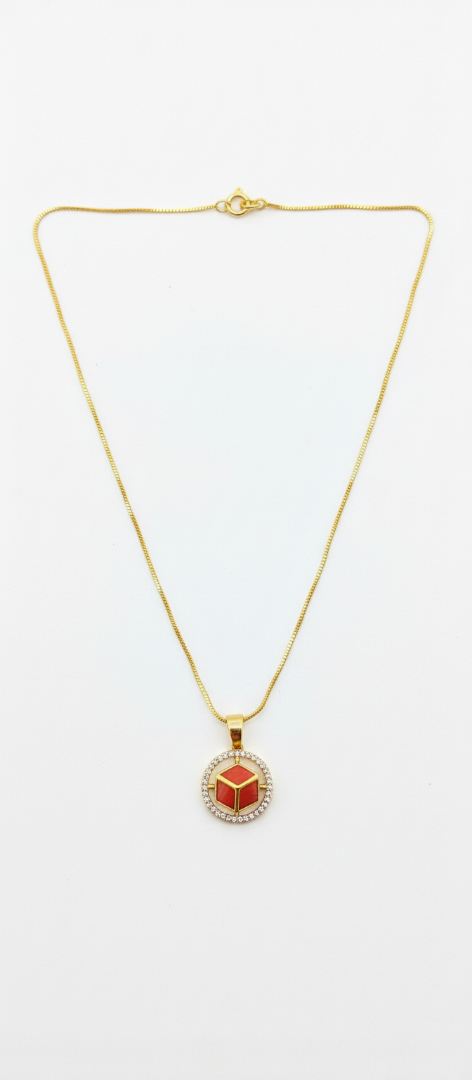 NuGold Red Stone Cube Pendant Necklace