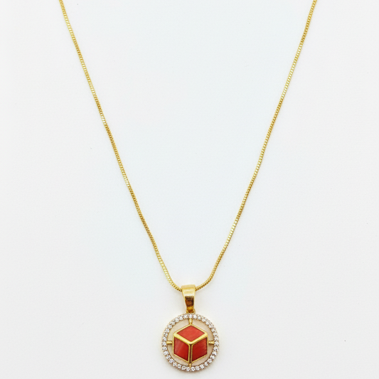 NuGold Red Stone Cube Pendant Necklace