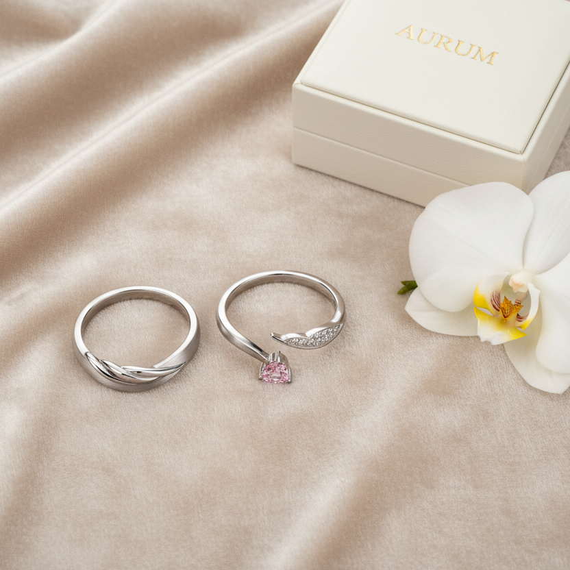 His & Hers Stainless Steel Pink Heart Couple Ring Set