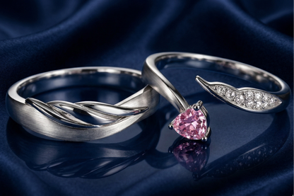 His & Hers Stainless Steel Pink Heart Couple Ring Set