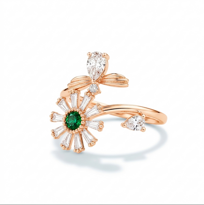 NUGOLD Luxury 360° Rotating Daisy Ring with Emerald Green Stone