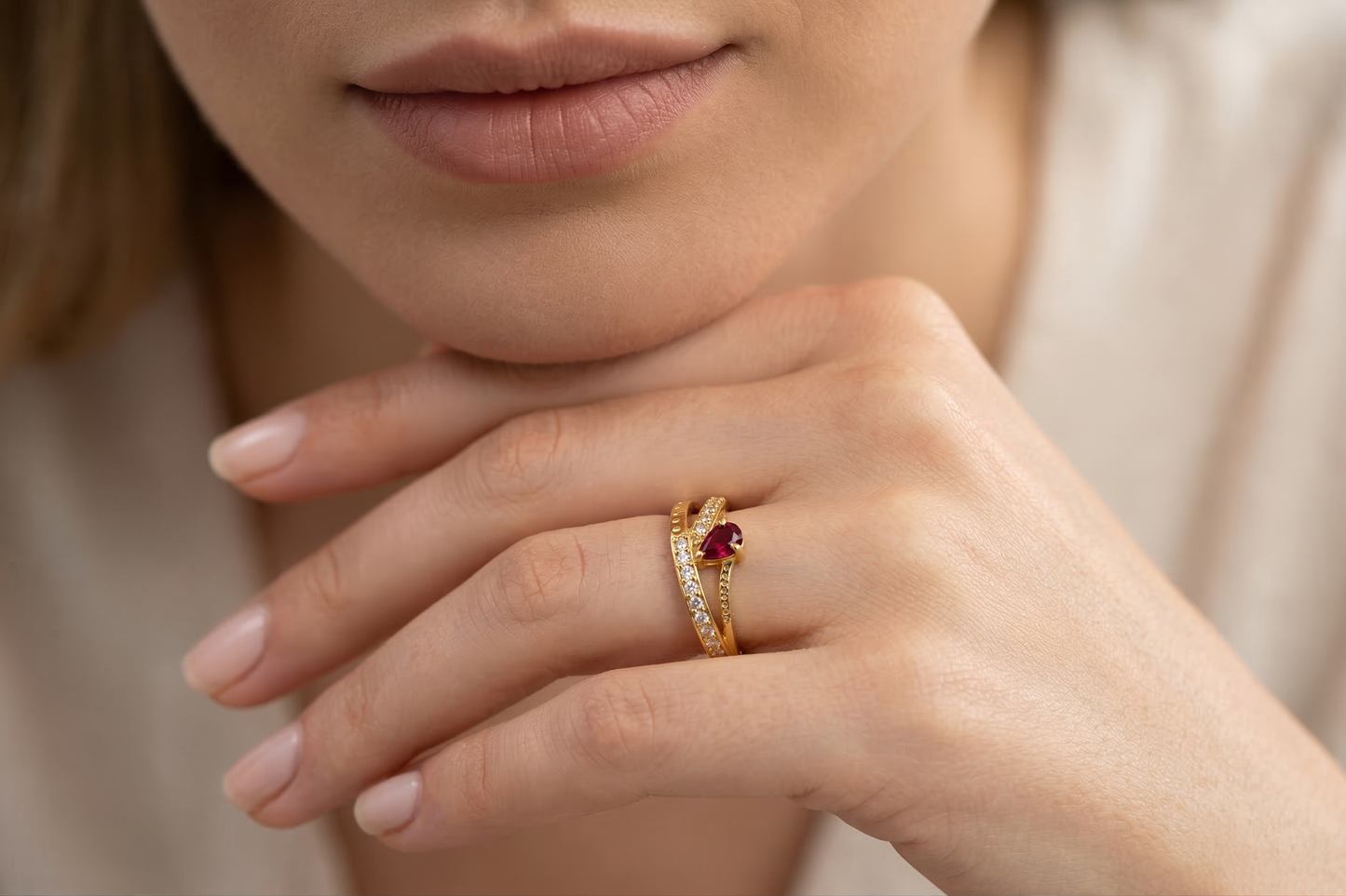 NUGOLD Premium Ring with CZ Stone & Dual Layer Band Style