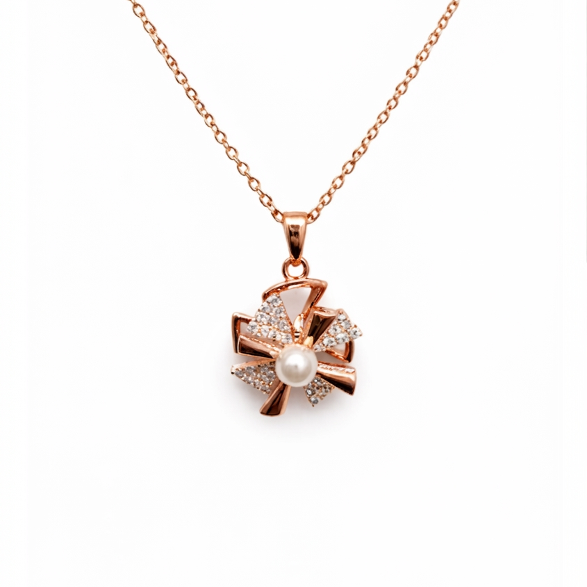 Elegant Rose Gold Pearl Spinner Pendant Necklace