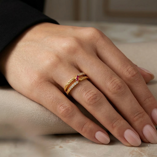 NUGOLD Elegant Women’s Ring with CZ Stone & Dual Band Design