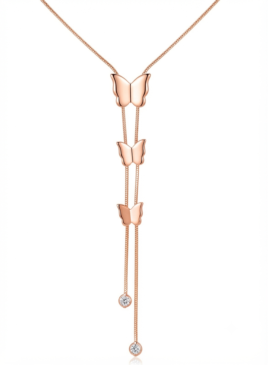 Elegant Rose Gold Triple Butterfly Tassel Pendant Necklace