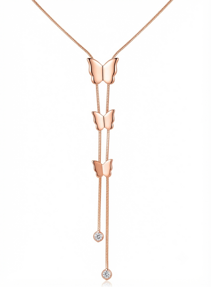 Elegant Rose Gold Triple Butterfly Tassel Pendant Necklace