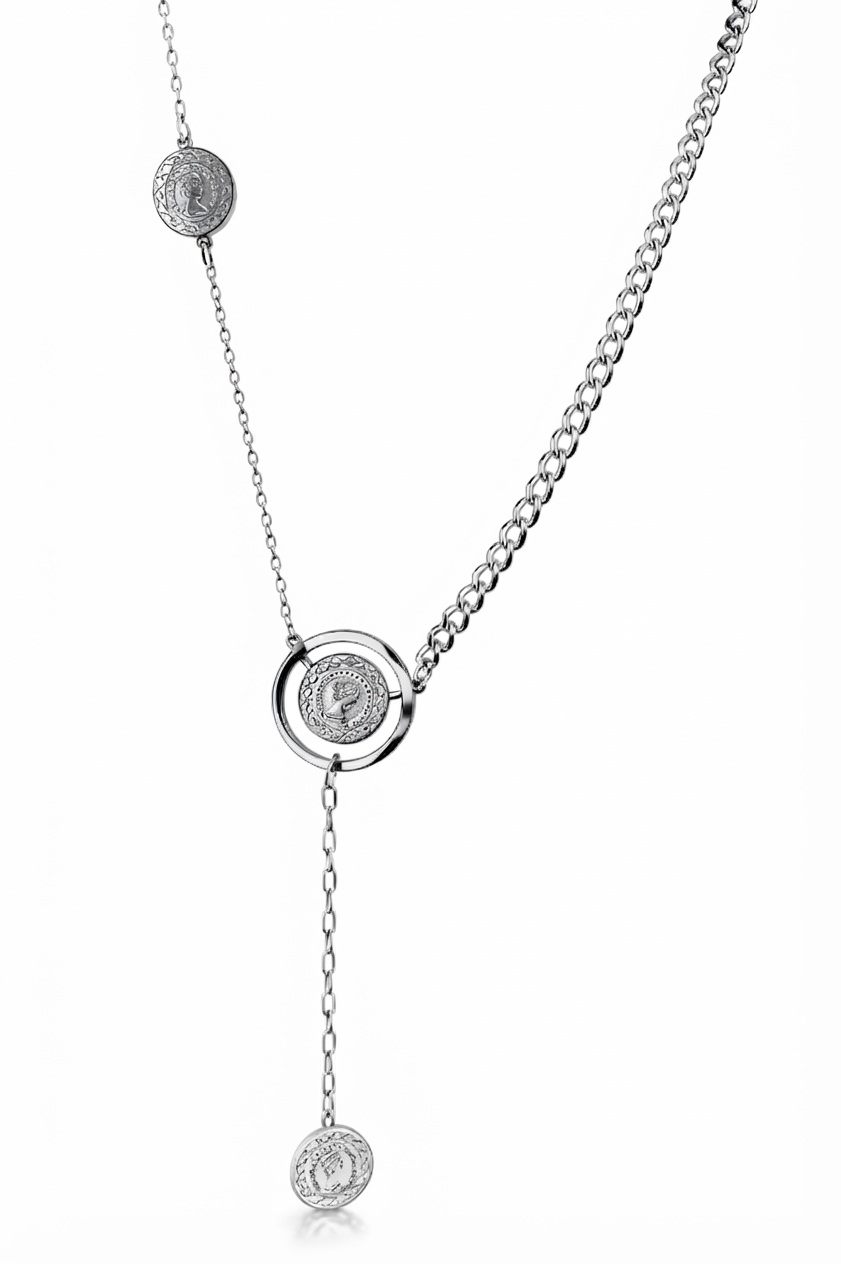 Elegant Silver Coin Charm Layered Pendant Necklace