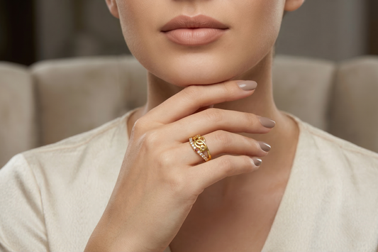 NUGOLD Heart Design Gold Ring with CZ Stones & Elegant Dual Band Style