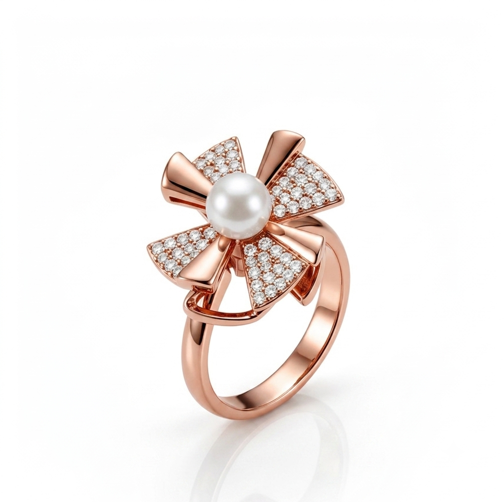 NUGOLD Rose Gold 360° Rotating Flower Ring with Pearl & CZ Stones
