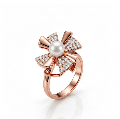 NUGOLD Rose Gold 360° Rotating Flower Ring with Pearl & CZ Stones