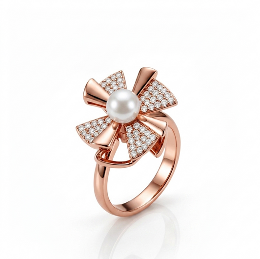 NUGOLD Rose Gold 360° Rotating Flower Ring with Pearl & CZ Stones
