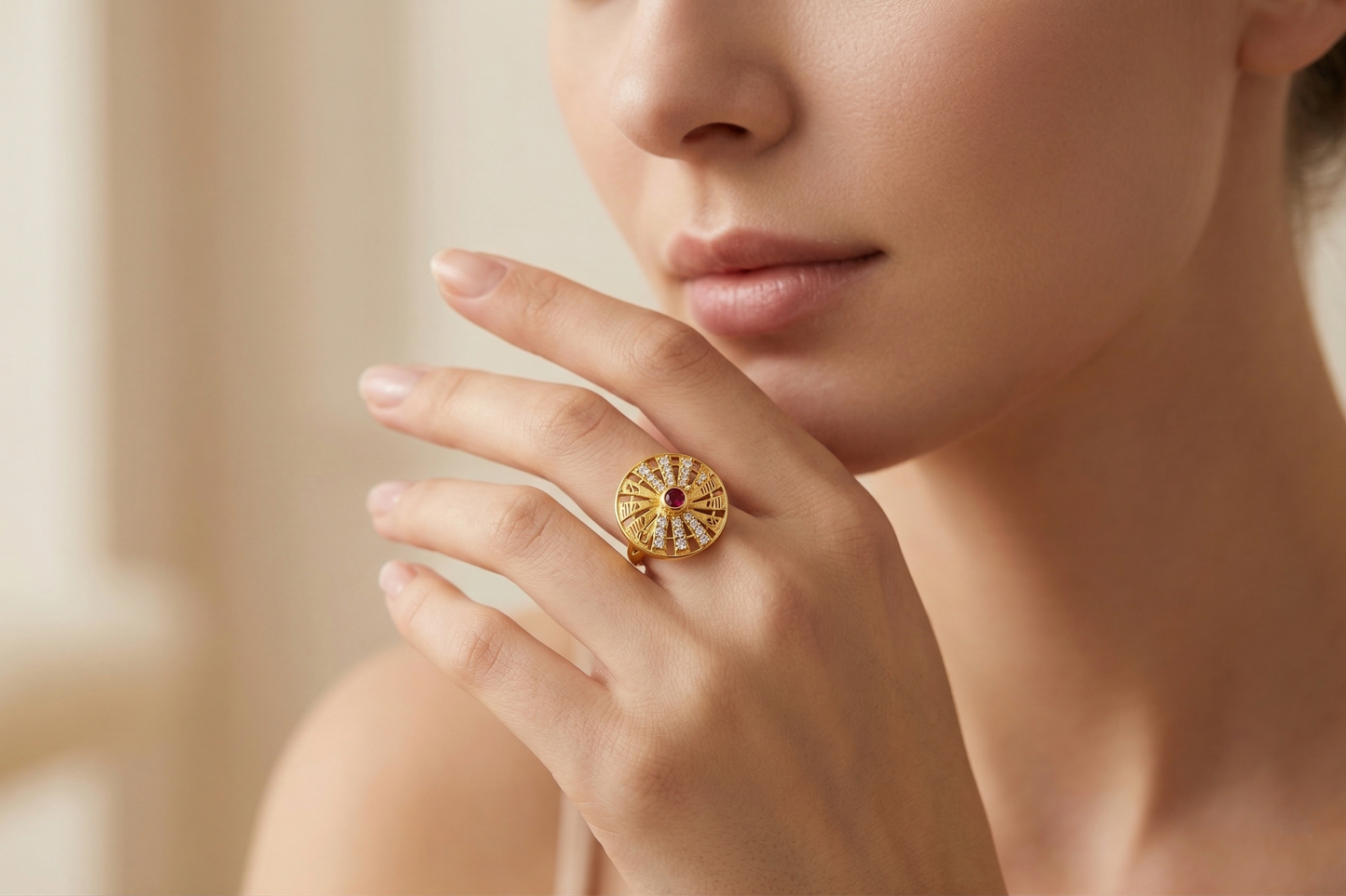 NuGold Royal Sunburst Ruby Designer Ring