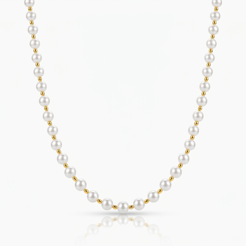 NUGOLD Elegant White Pearl & Gold Bead Chain for Women