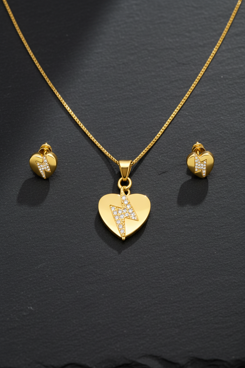 NuGold Heart CZ Pendant Necklace Set