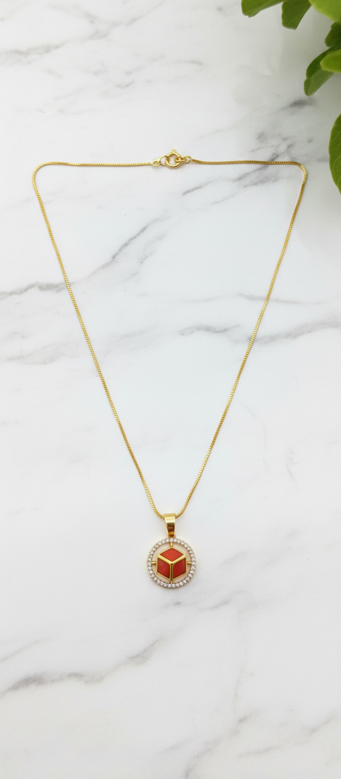NuGold Red Stone Cube Pendant Necklace