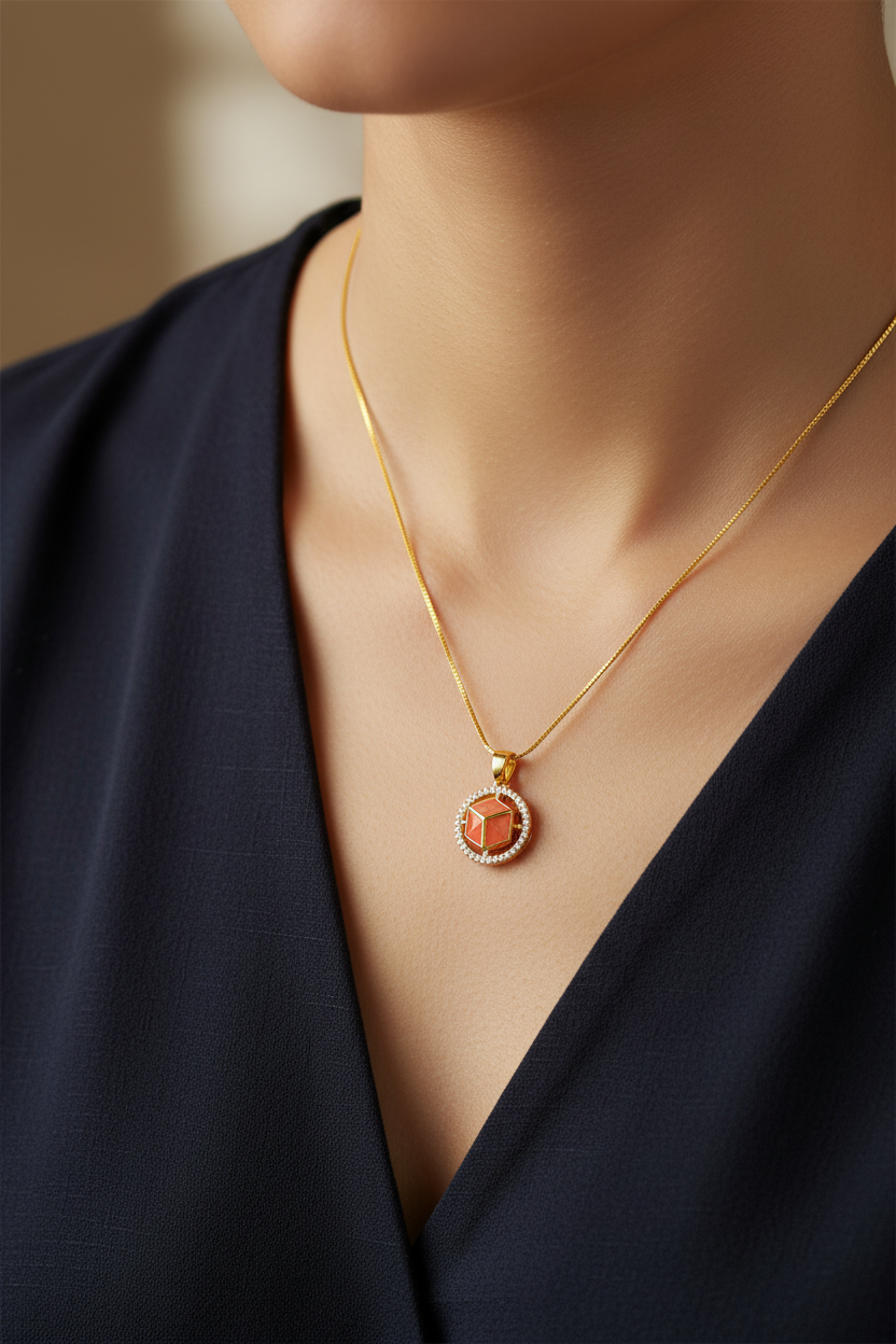 NuGold Red Stone Cube Pendant Necklace