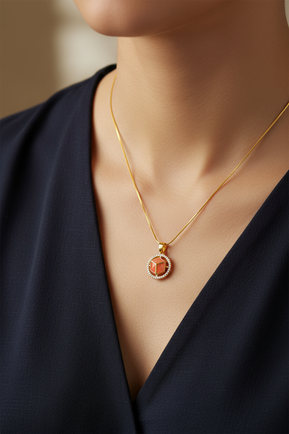NuGold Red Stone Cube Pendant Necklace