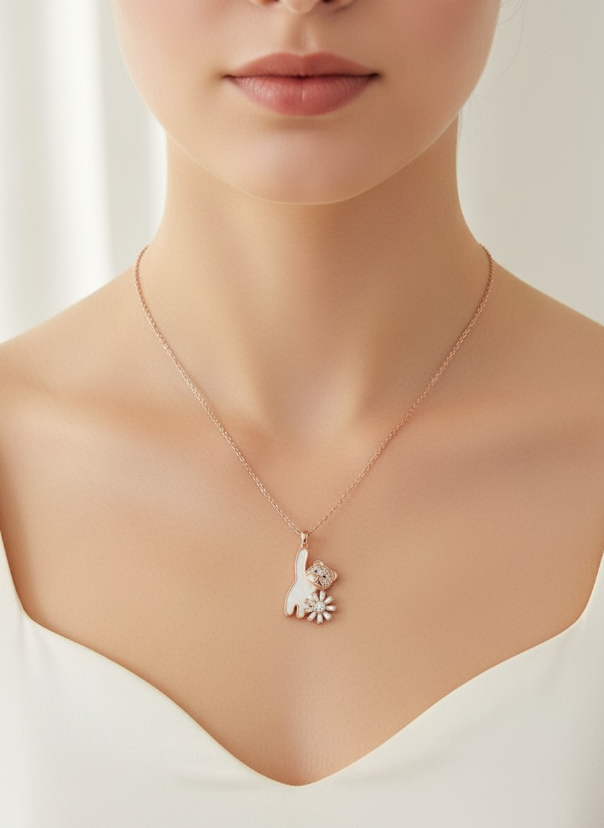 Elegant Rose Gold Cat & Floral Pendant Necklace for Women