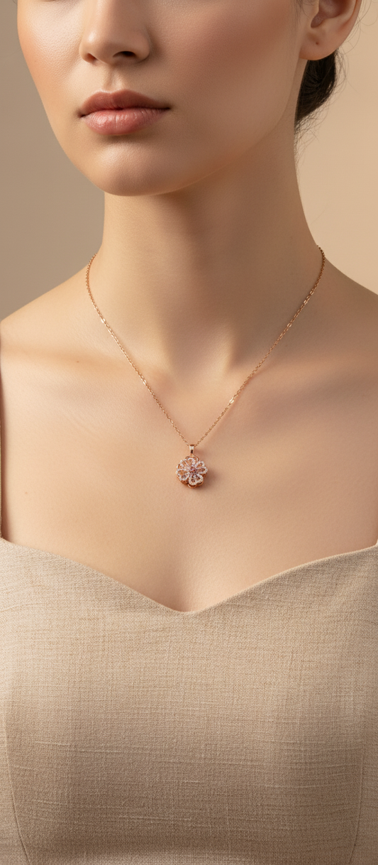 NUGOLD Elegant 360° Spin Flower Rose Gold Pendant Necklace
