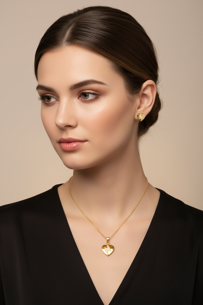NuGold Heart CZ Pendant Necklace Set