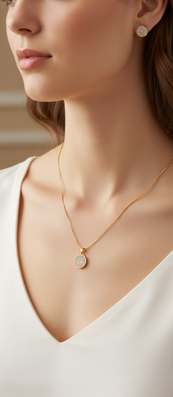 NuGold Round Stone Pendant Necklace Set for Women