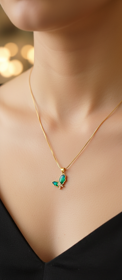 NuGold Green Stone Butterfly Pendant For Women