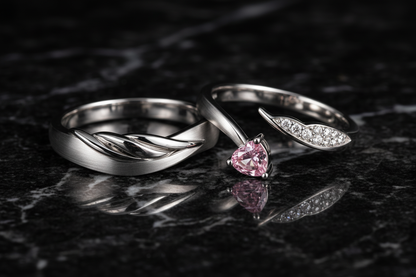 His & Hers Stainless Steel Pink Heart Couple Ring Set