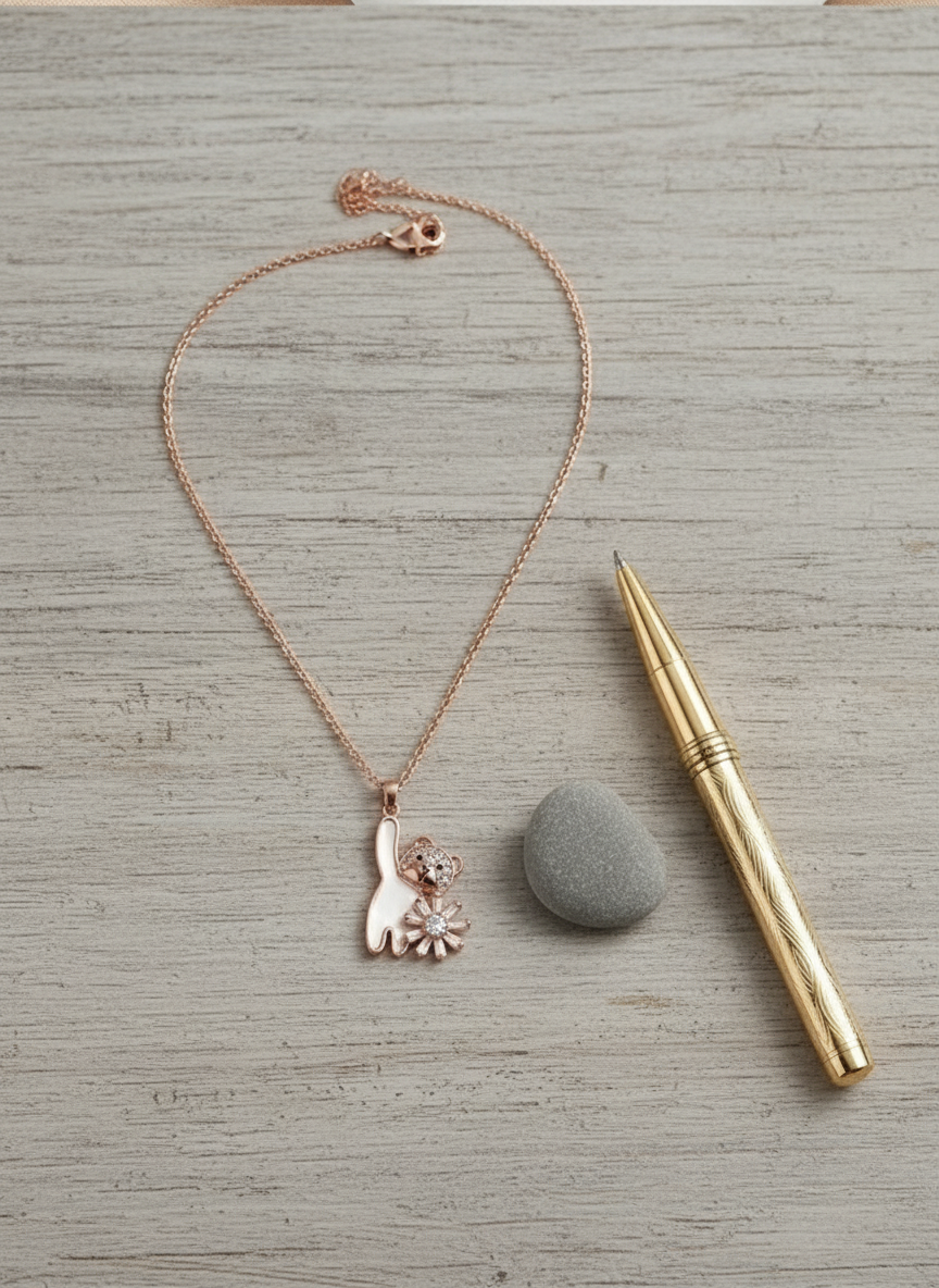 Elegant Rose Gold Cat & Floral Pendant Necklace for Women