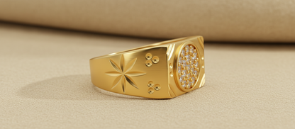 NUGOLD Luxury Men’s Ring with Round CZ Stone & Star Engraving