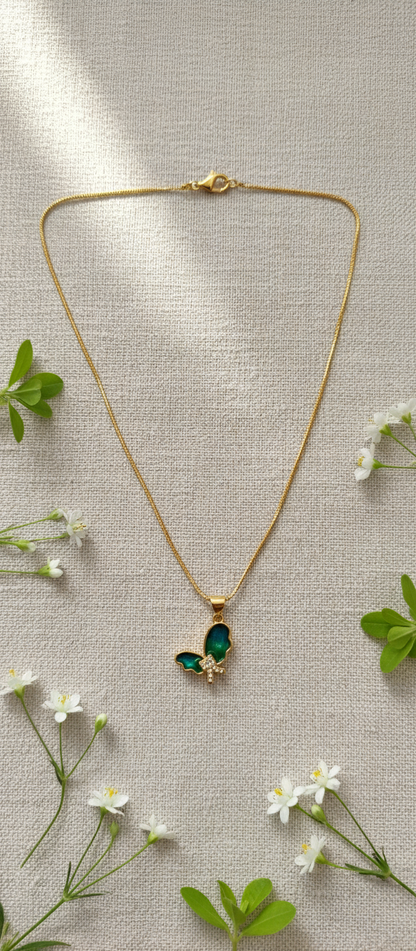 NuGold Green Stone Butterfly Pendant For Women