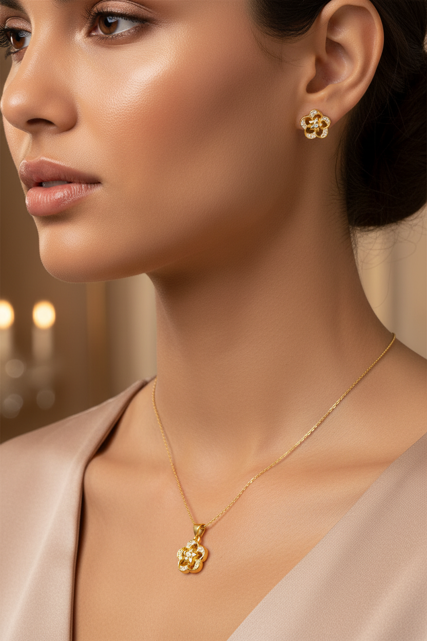 NuGold Flower Pendant Necklace Set for Women