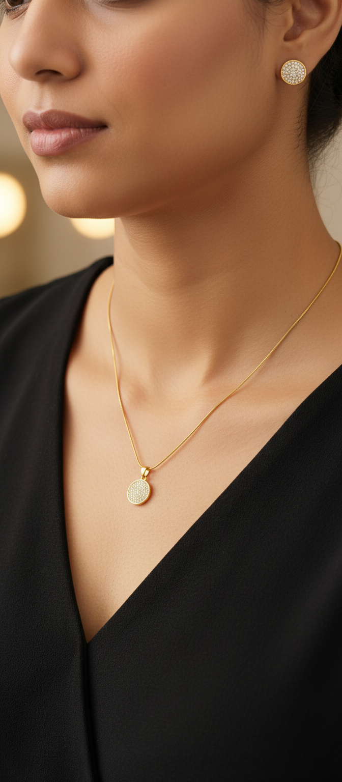 NuGold Round Stone Pendant Necklace Set for Women