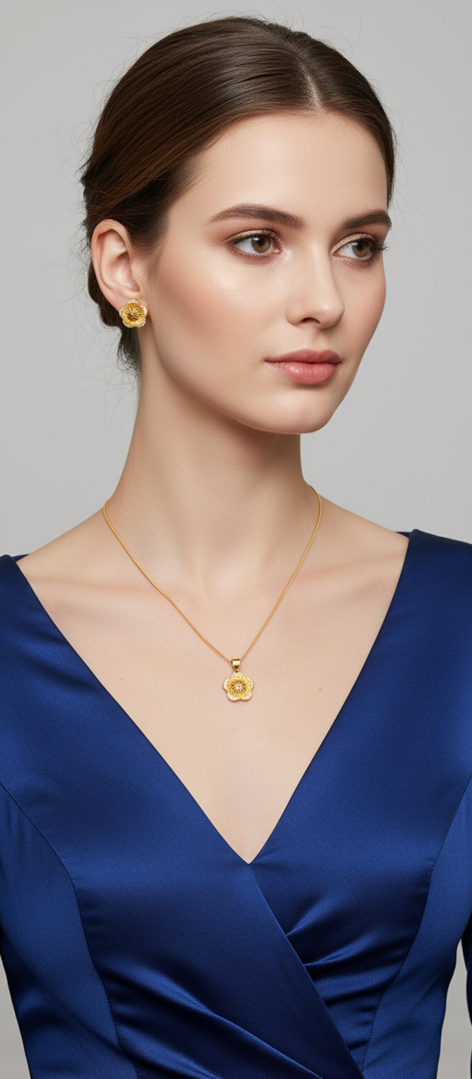 NuGold Floral CZ Pendant Necklace Set