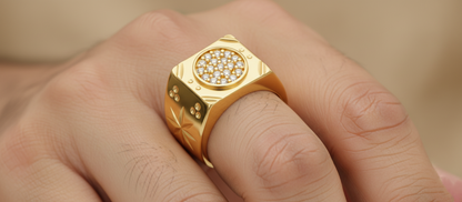 NUGOLD Luxury Men’s Ring with Round CZ Stone & Star Engraving