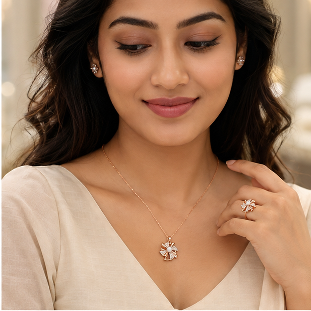 Elegant Rose Gold Pinwheel Pearl & CZ Pendant Necklace with Matching Ring Combo Set for Women
