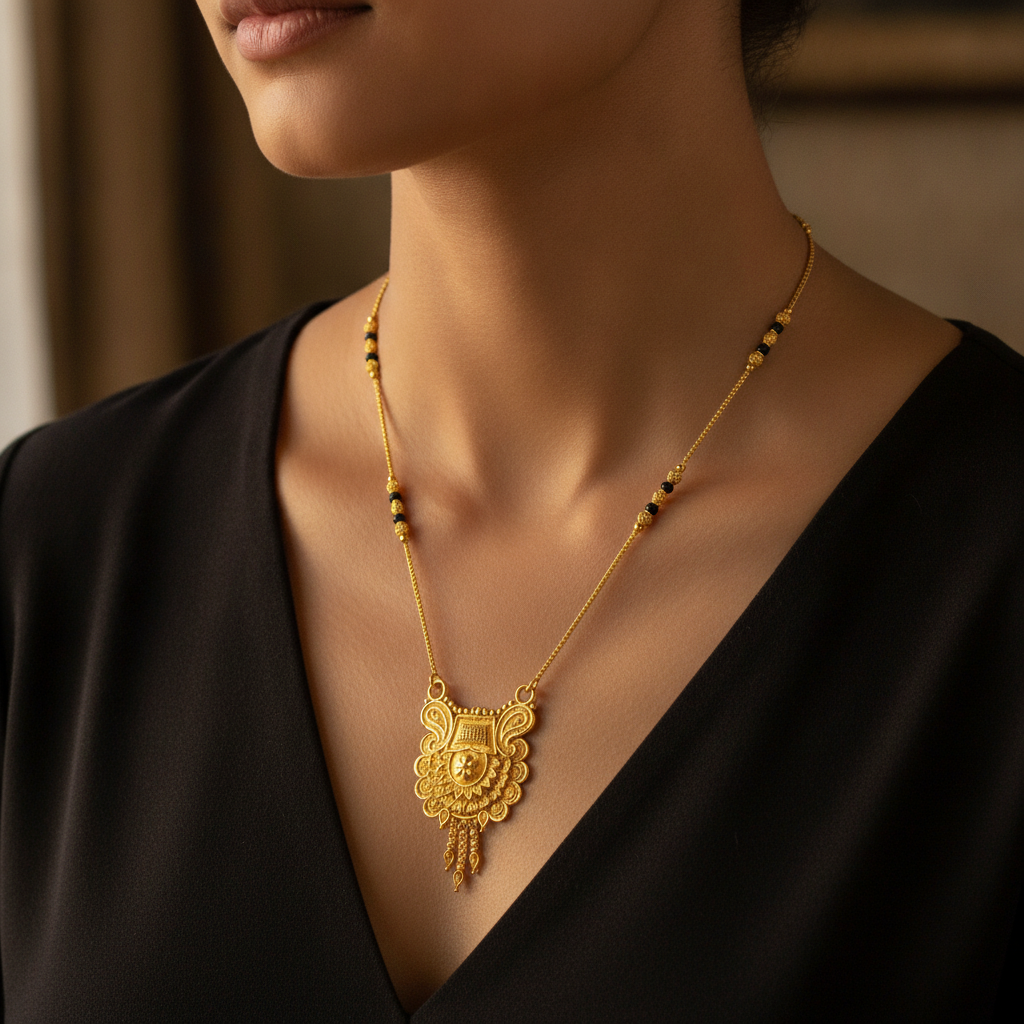 NUGOLD Antique Floral Pendant Mangalsutra with Black Beads
