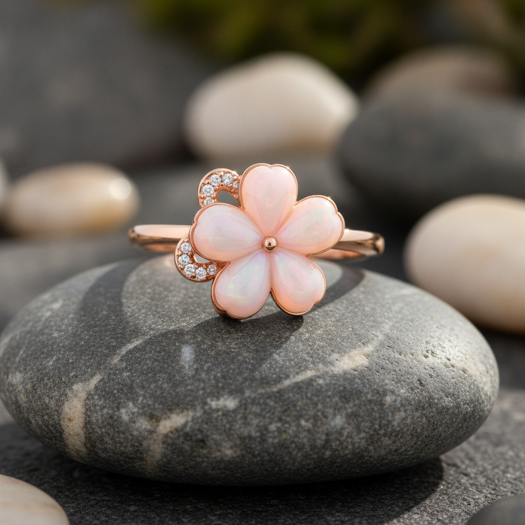 NUGOLD Luxury 360° Rotating Flower Ring with Opal & Cubic Zirconia