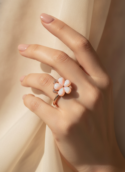 NUGOLD Luxury 360° Rotating Flower Ring with Opal & Cubic Zirconia