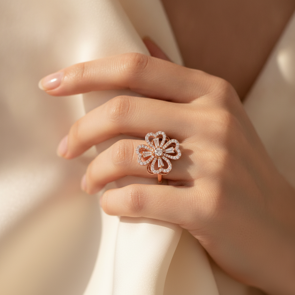 NUGOLD Luxury 360° Spin Flower Ring with Cubic Zirconia