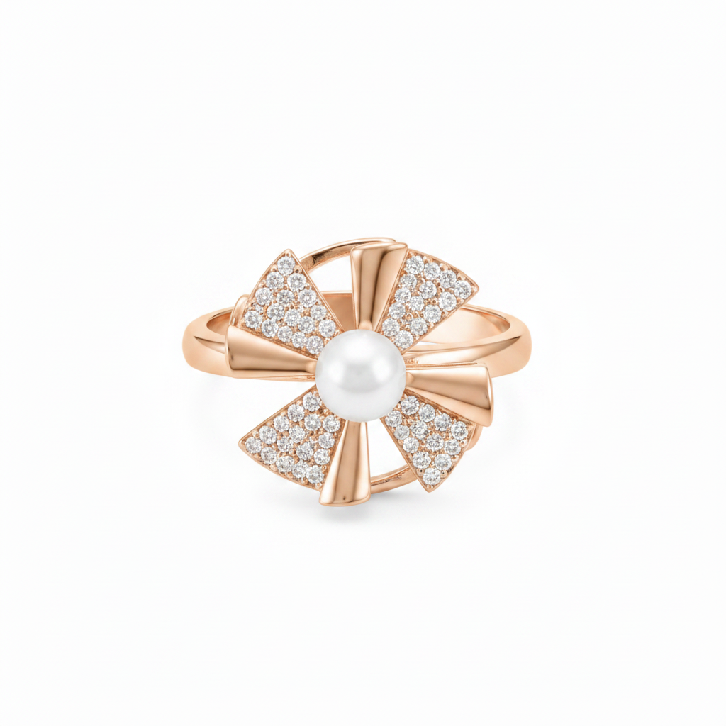 NUGOLD Rose Gold 360° Rotating Flower Ring with Pearl & CZ Stones