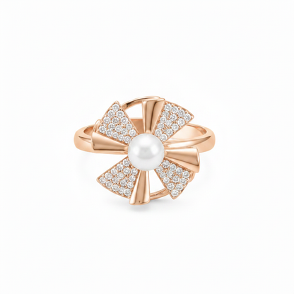 NUGOLD Rose Gold 360° Rotating Flower Ring with Pearl & CZ Stones