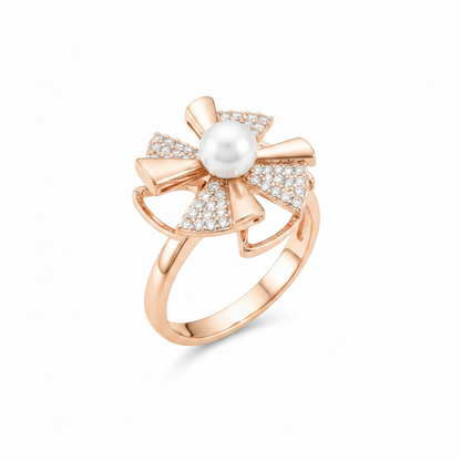 NUGOLD Rose Gold 360° Rotating Flower Ring with Pearl & CZ Stones