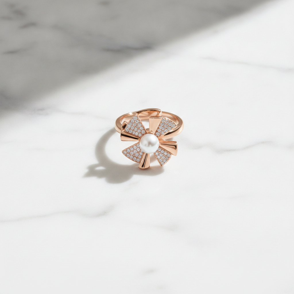NUGOLD Rose Gold 360° Rotating Flower Ring with Pearl & CZ Stones