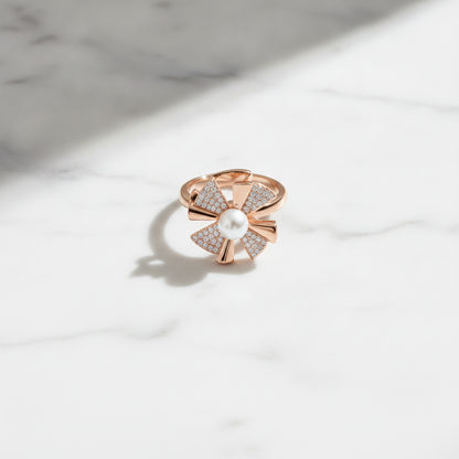 NUGOLD Rose Gold 360° Rotating Flower Ring with Pearl & CZ Stones