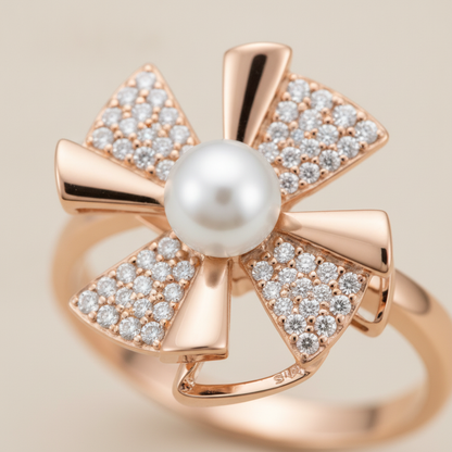 NUGOLD Rose Gold 360° Rotating Flower Ring with Pearl & CZ Stones
