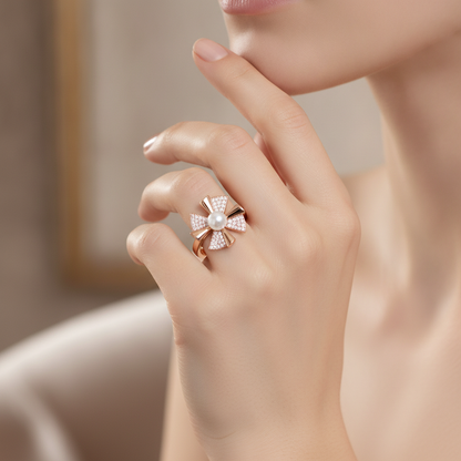 NUGOLD Rose Gold 360° Rotating Flower Ring with Pearl & CZ Stones