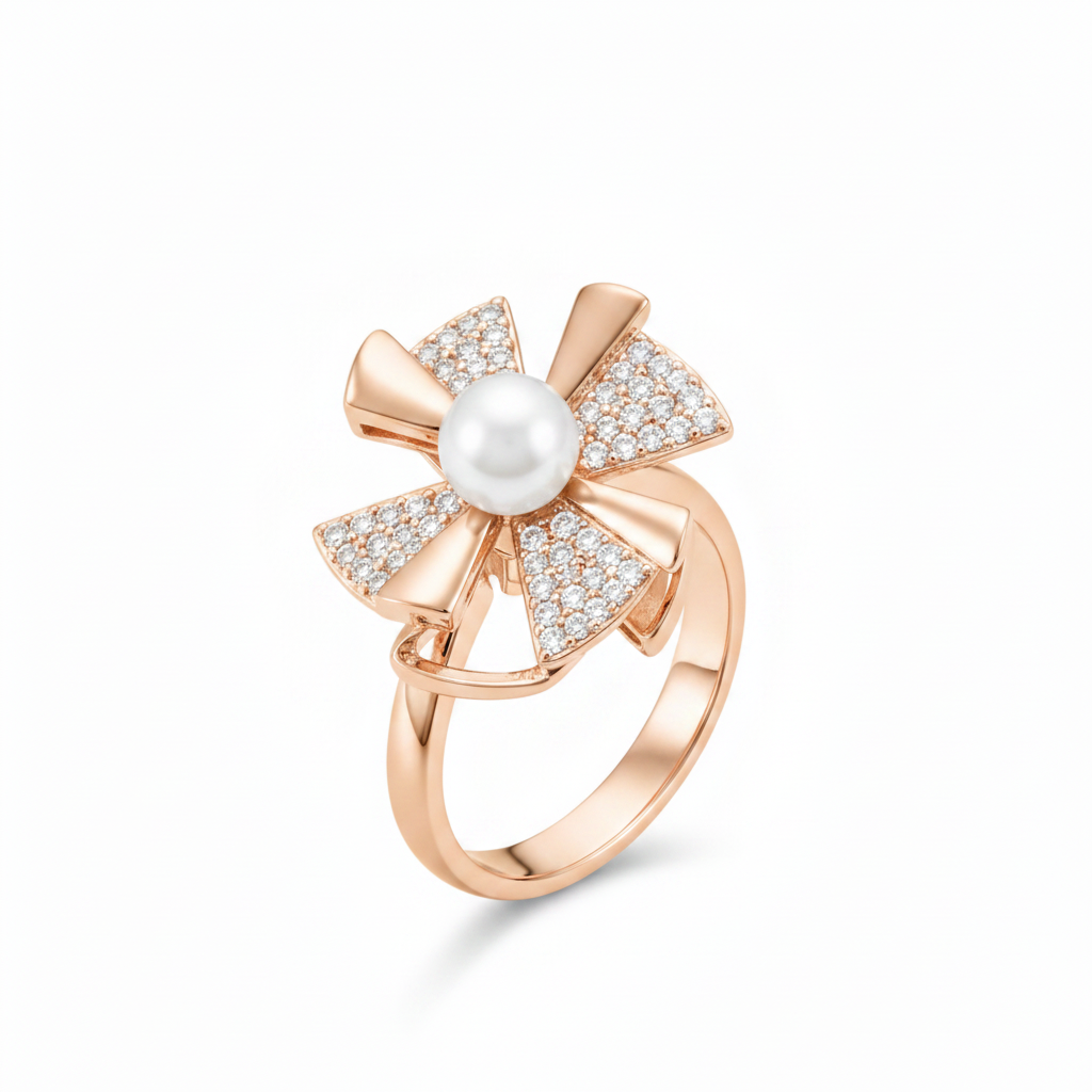 NUGOLD Rose Gold 360° Rotating Flower Ring with Pearl & CZ Stones