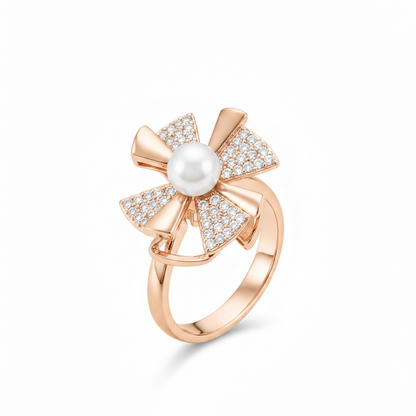 NUGOLD Rose Gold 360° Rotating Flower Ring with Pearl & CZ Stones