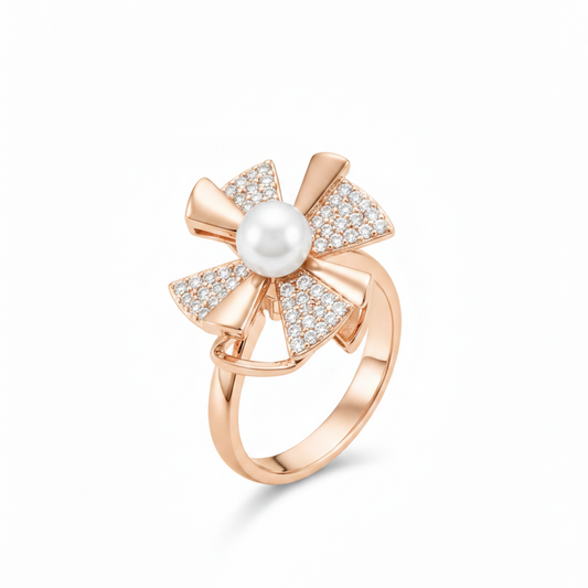 NUGOLD Rose Gold 360° Rotating Flower Ring with Pearl & CZ Stones